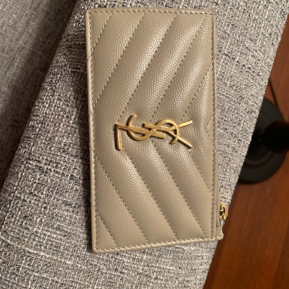 YSL monogram pouch card case wallet in tan.